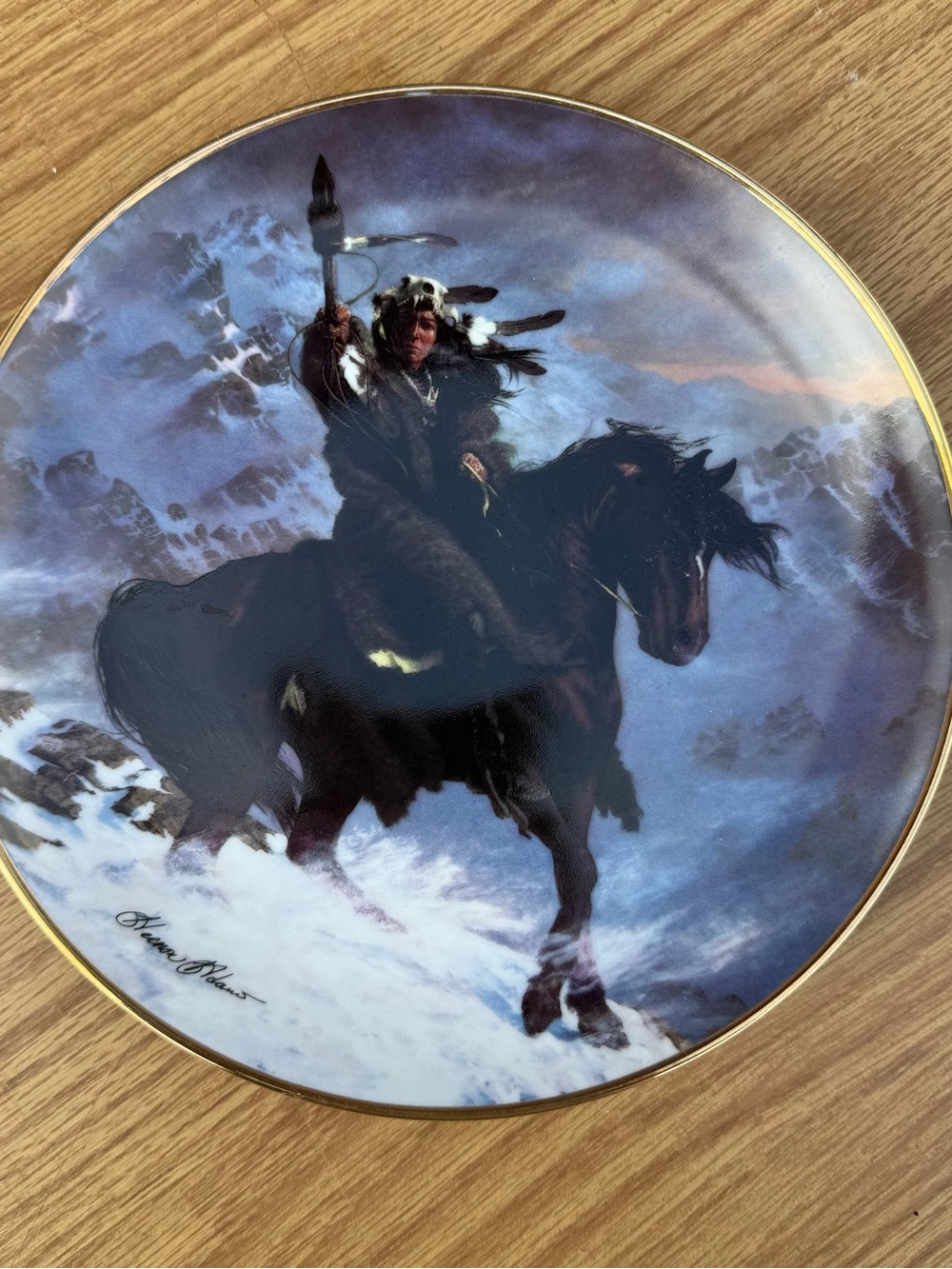 Franklin Mint Blue and Gold Native American Rider Decorative Plate